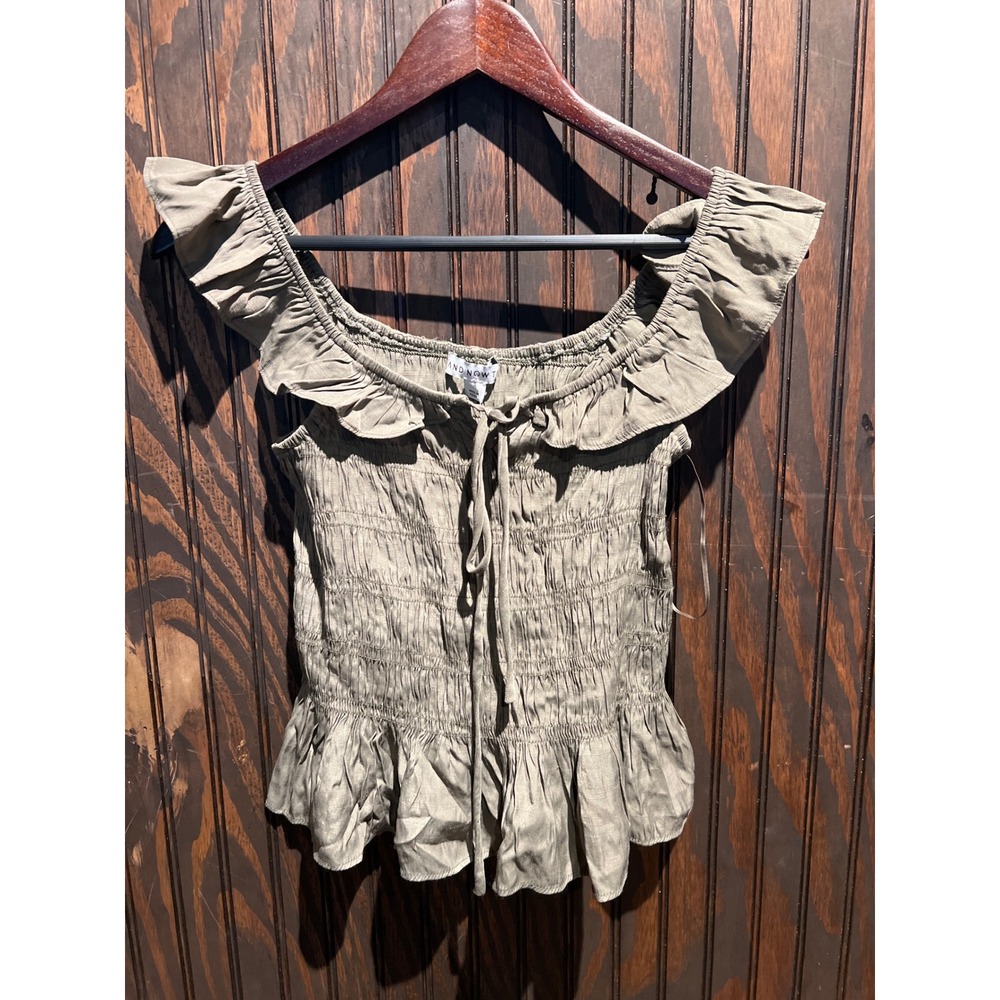 And Now This Olive Green Smocked Ruffle Peasant Top Boho Peplum Blouse